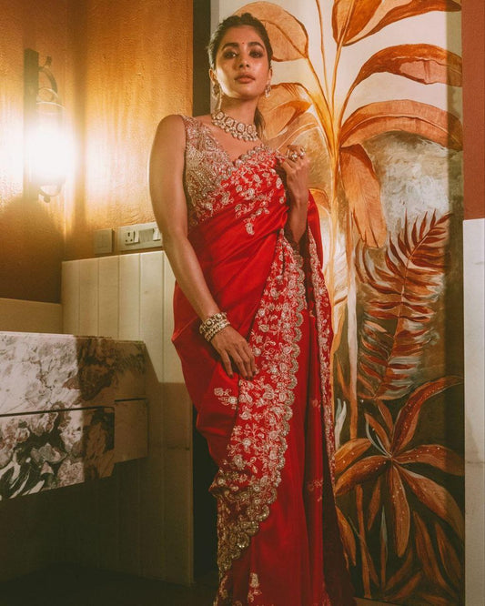 Pooja Hedge's Red Rangoli Silk Bollywood Saree | Clone Design