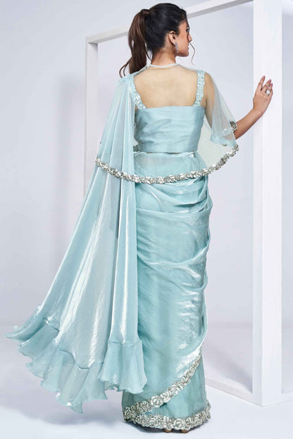 Powder Blue Stylish Ready Made Satin Silk Saree With Poncho & Belt | Original Saree