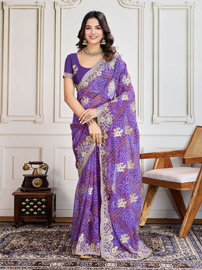 Purple Bandhani Printed Georgette Saree