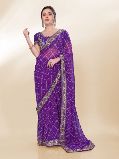 Purple Bandhej Printed Georgette Saree