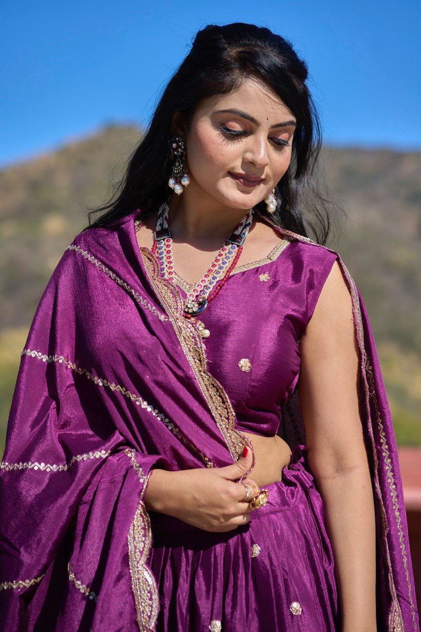 Purple Chinon Lehenga Choli For Wedding