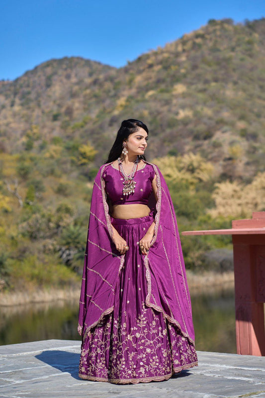 Purple Chinon Lehenga Choli For Wedding