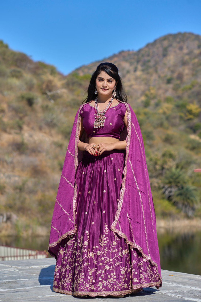 Purple Chinon Lehenga Choli For Wedding