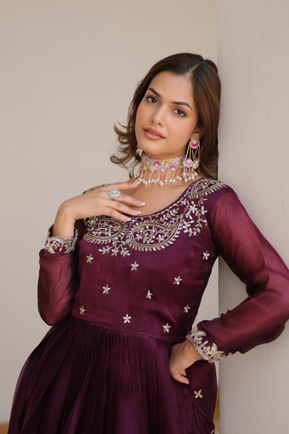 Purple Designer Burberry Silk Gown Dress With Dupatta