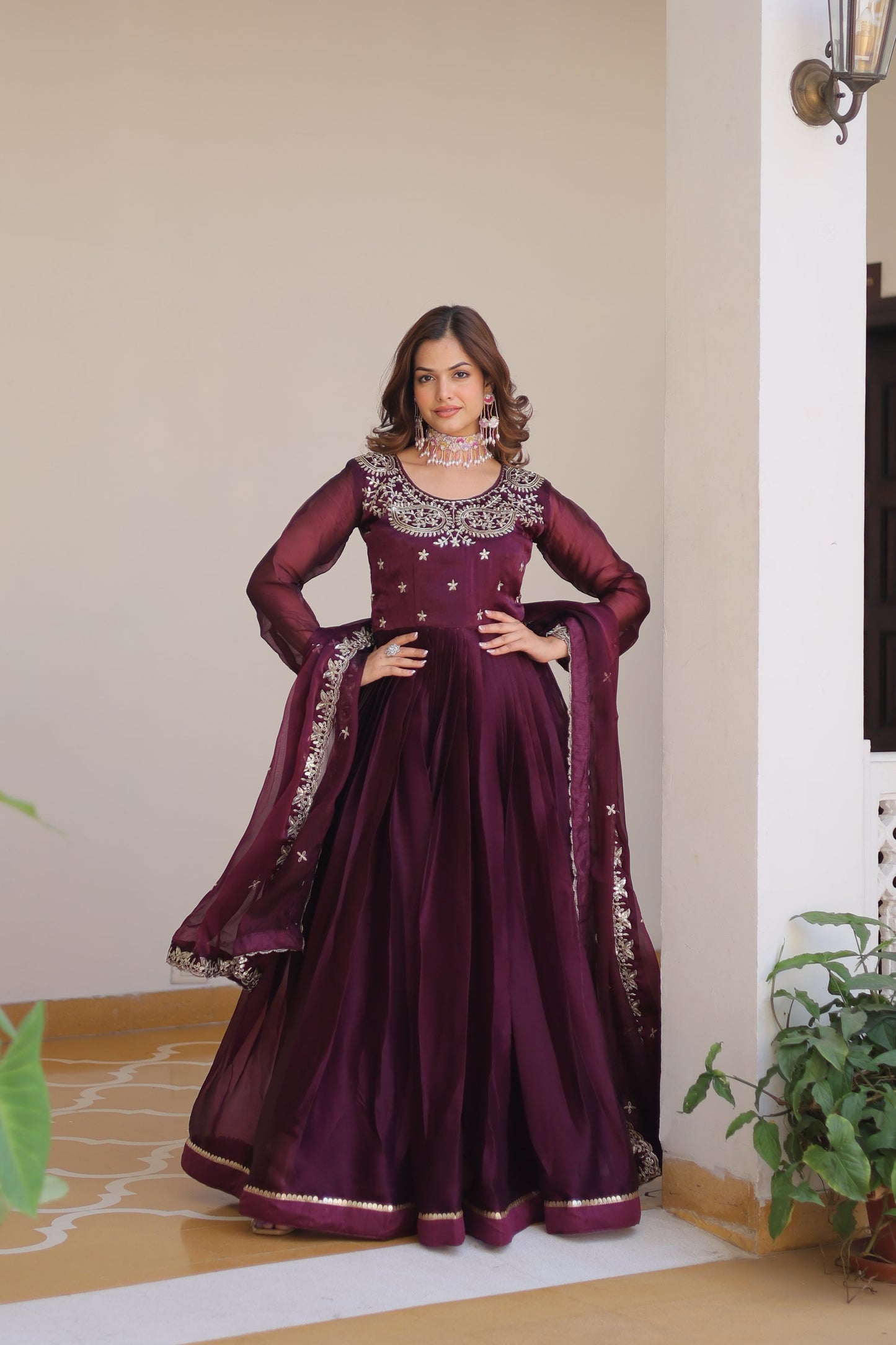 Purple Designer Burberry Silk Gown Dress With Dupatta