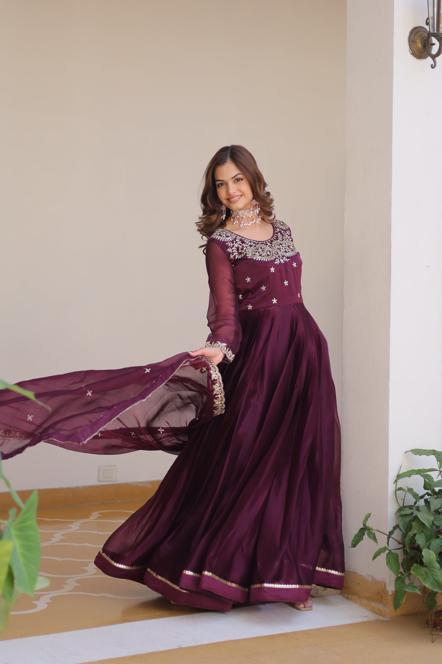 Purple Designer Burberry Silk Gown Dress With Dupatta