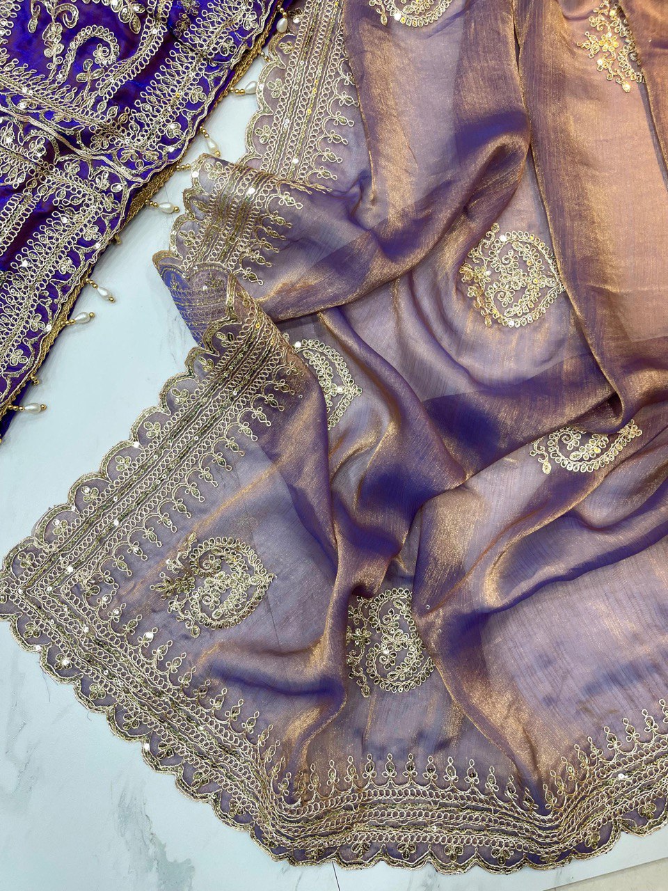 Purple Designer Fandy Chiffon Two Tone Saree