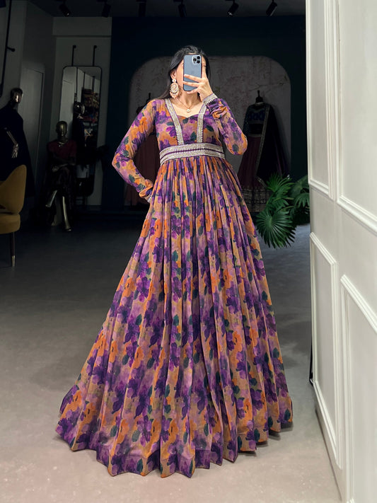 Purple Designer Georgette Gown Dress