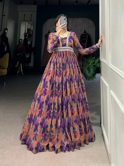 Purple Designer Georgette Gown Dress