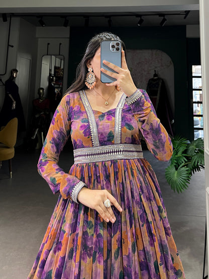 Purple Designer Georgette Gown Dress