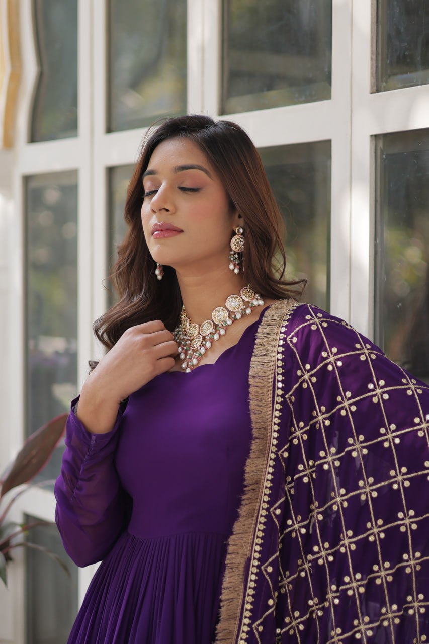 Purple Designer Georgette Gown With Dupatta