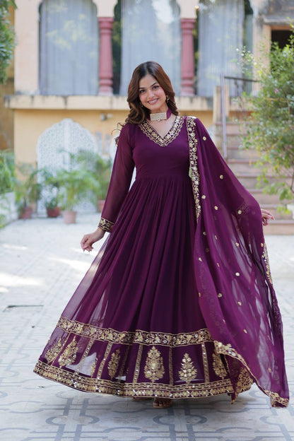 Purple Designer Georgette Gown With Dupatta