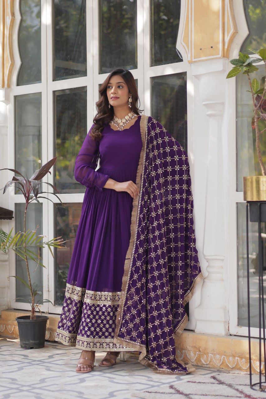 Purple Designer Georgette Gown With Dupatta