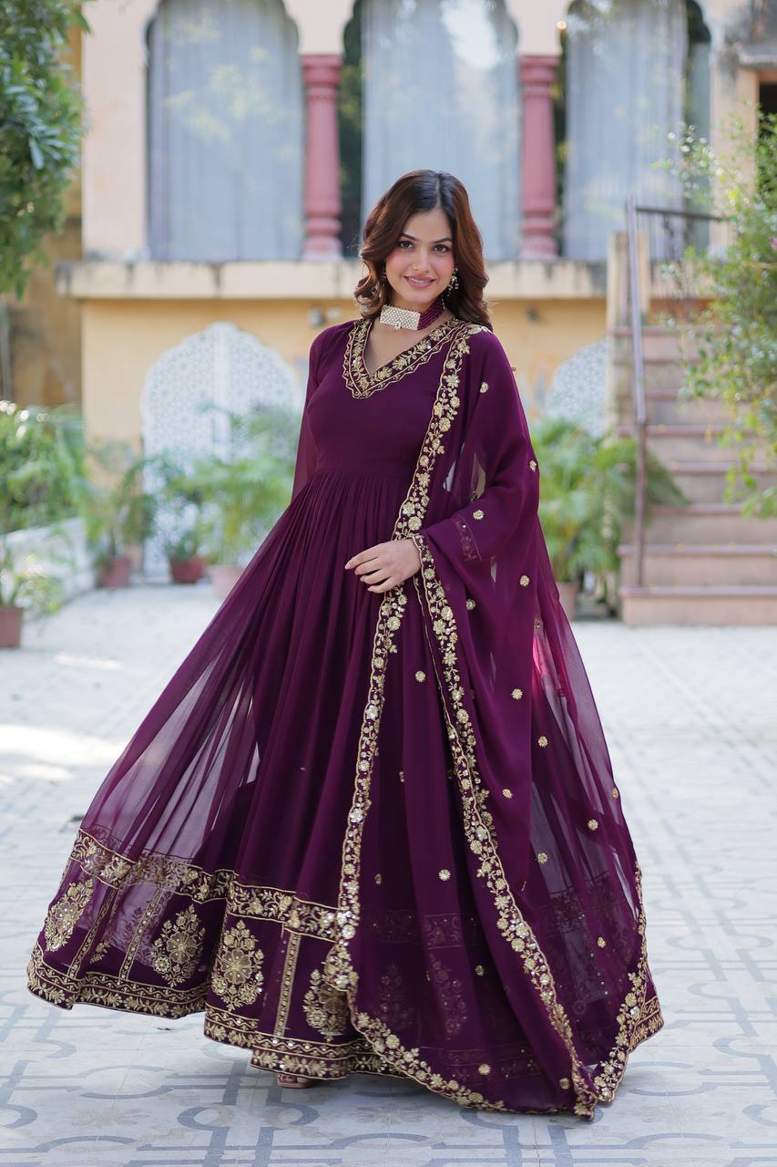 Purple Designer Georgette Gown With Dupatta