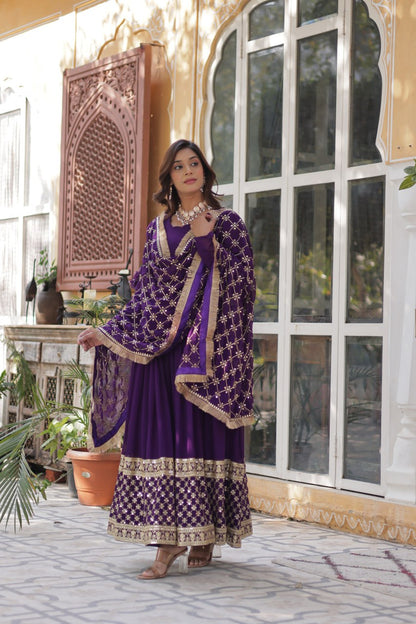 Purple Designer Georgette Gown With Dupatta