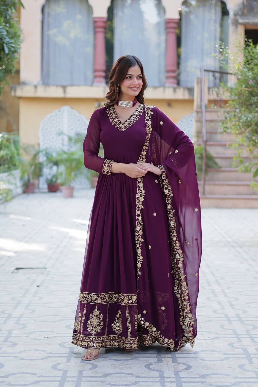 Purple Designer Georgette Gown With Dupatta