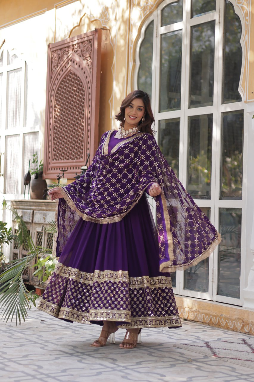 Purple Designer Georgette Gown With Dupatta