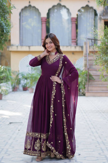 Purple Designer Georgette Gown With Dupatta