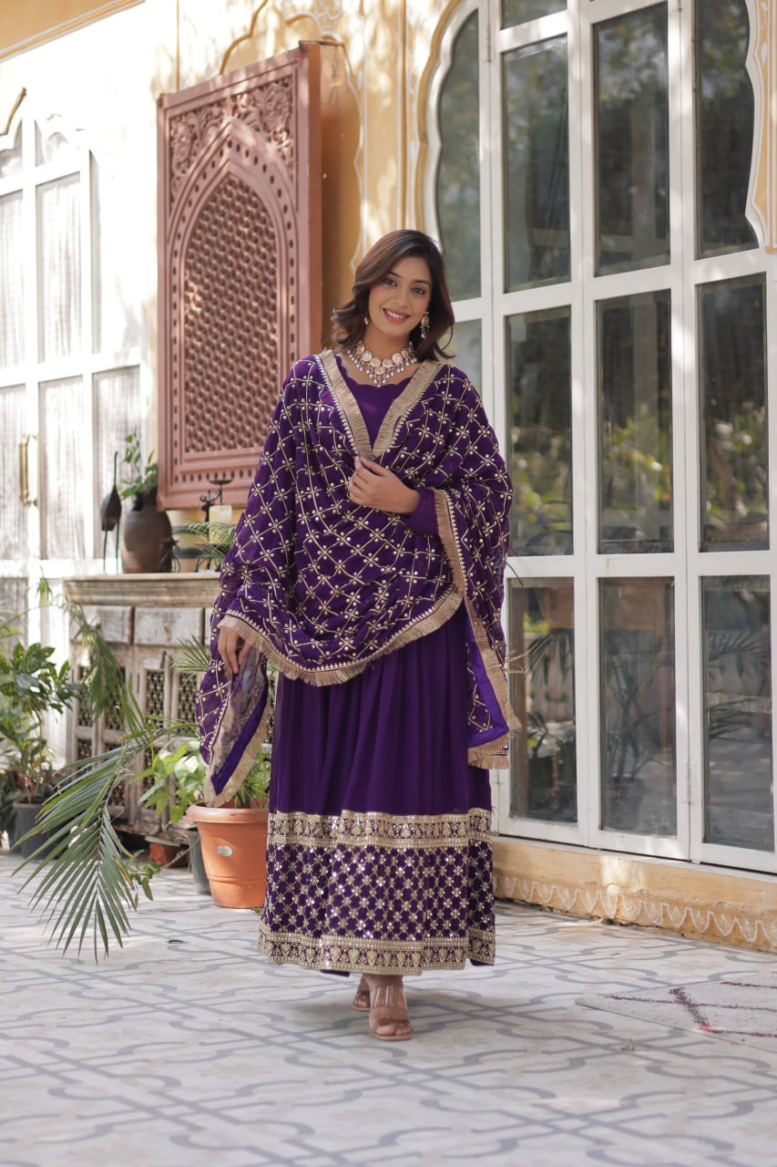 Purple Designer Georgette Gown With Dupatta