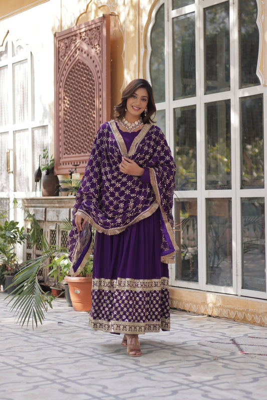 Purple Designer Georgette Gown With Dupatta
