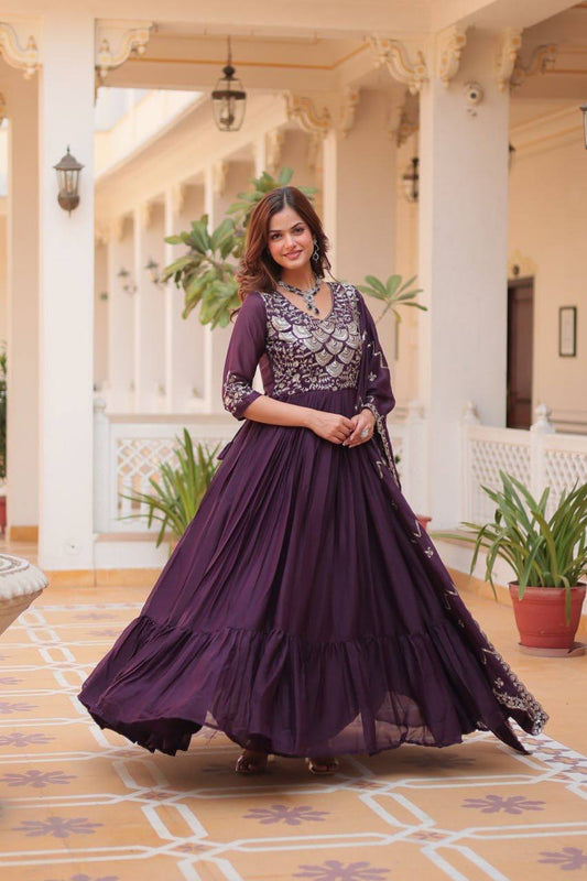 Purple Designer Long Gown Dress With Dupatta