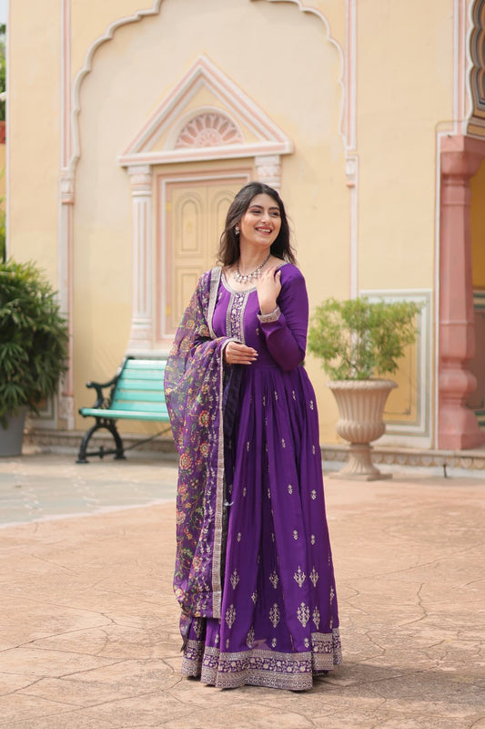 Purple Designer Long Gown Dress With Dupatta