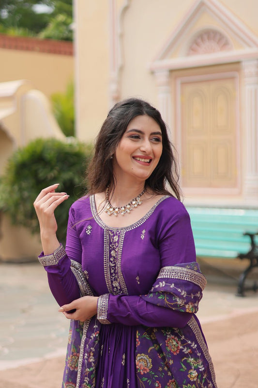 Purple Designer Long Gown Dress With Dupatta