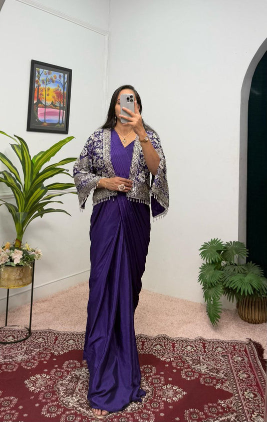 Purple Designer Ready To Wear Chinon Silk Saree