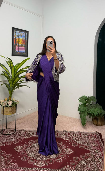 Purple Designer Ready To Wear Chinon Silk Saree