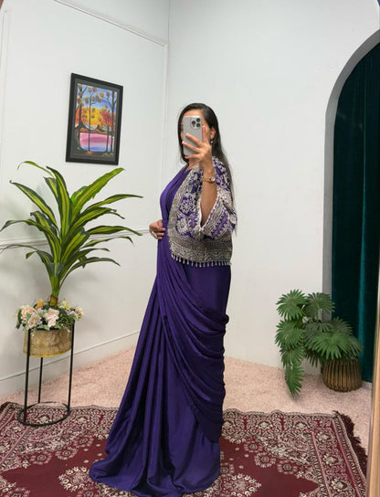 Purple Designer Ready To Wear Chinon Silk Saree