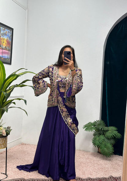 Purple Designer Ready To Wear Chinon Silk Saree