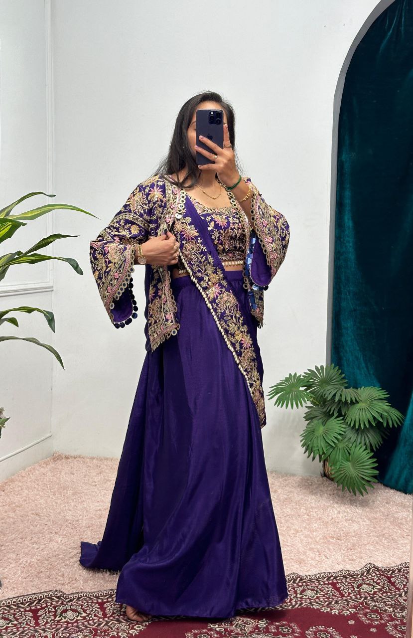 Purple Designer Ready To Wear Chinon Silk Saree