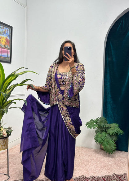 Purple Designer Ready To Wear Chinon Silk Saree
