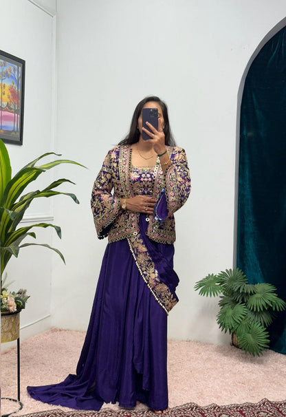 Purple Designer Ready To Wear Chinon Silk Saree
