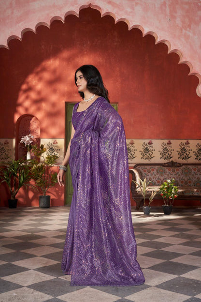Purple Designer Twill Net Saree