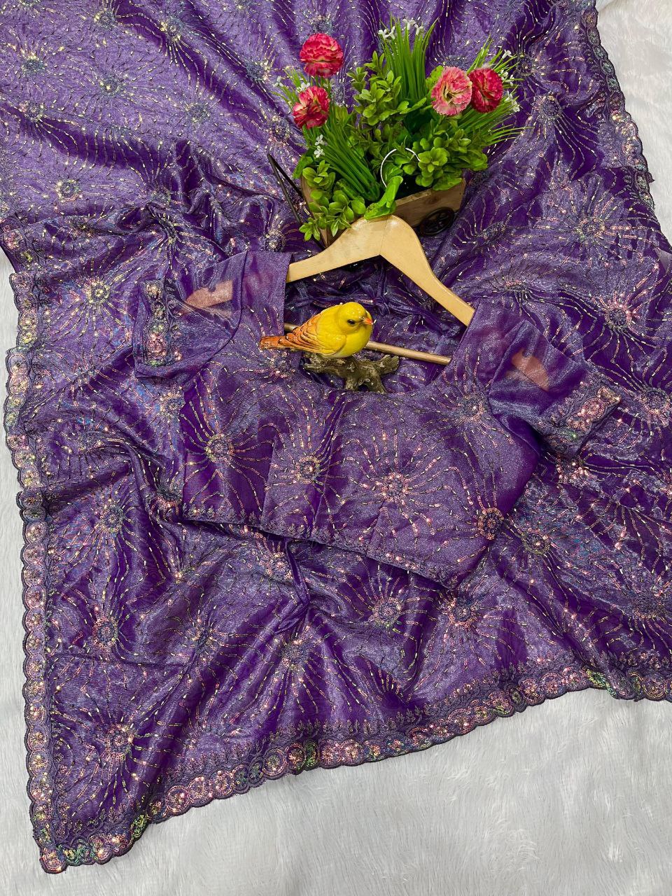 Purple Designer Twill Net Saree