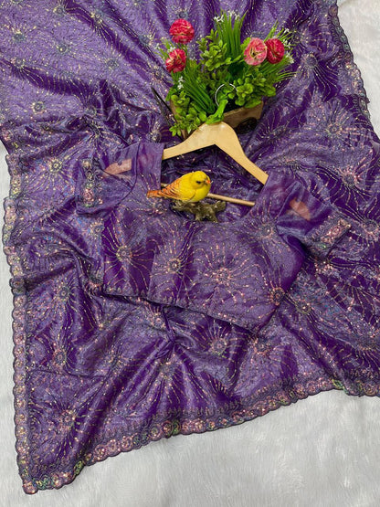 Purple Designer Twill Net Saree