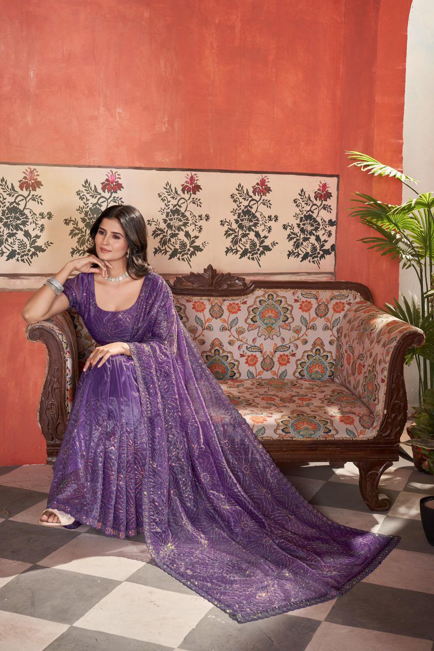 Purple Designer Twill Net Saree