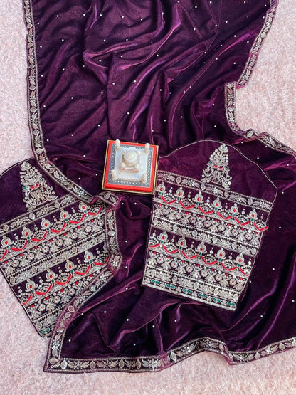 Purple Designer Velevet Saree | Replica Design