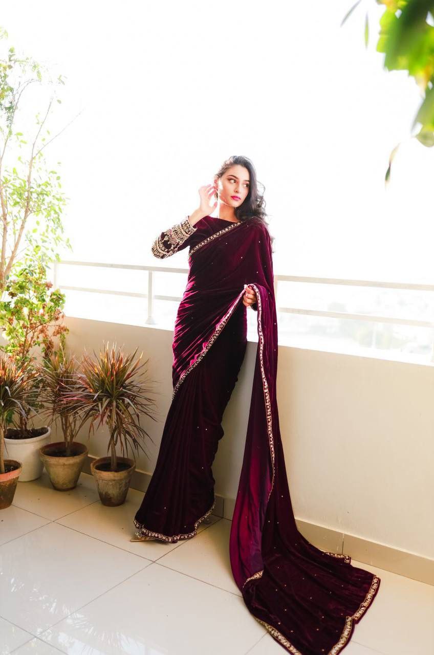 Purple Designer Velevet Saree | Replica Design
