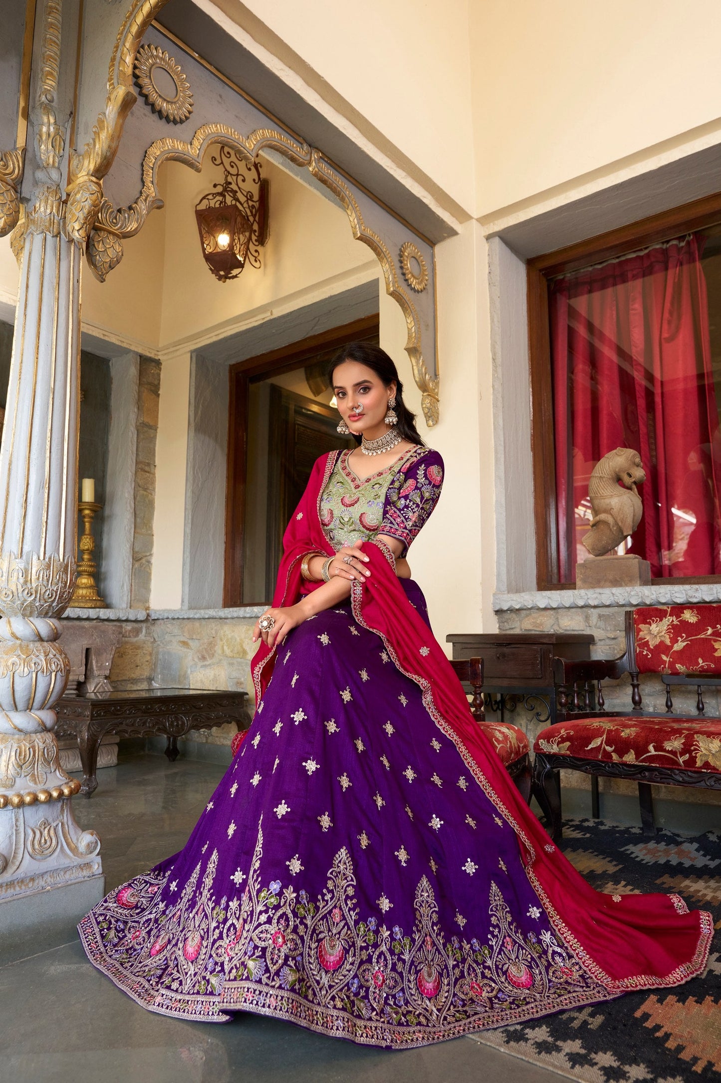 Purple Designer Wedding Wear Vichitra Silk Lehenga
