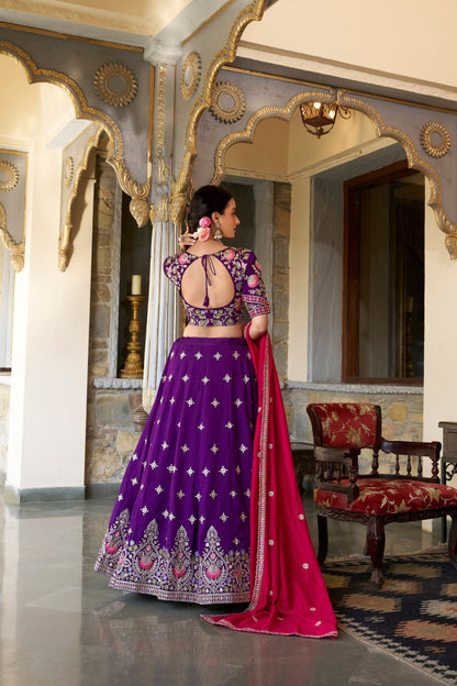 Purple Designer Wedding Wear Vichitra Silk Lehenga