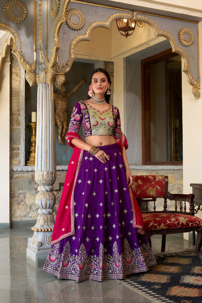Purple Designer Wedding Wear Vichitra Silk Lehenga