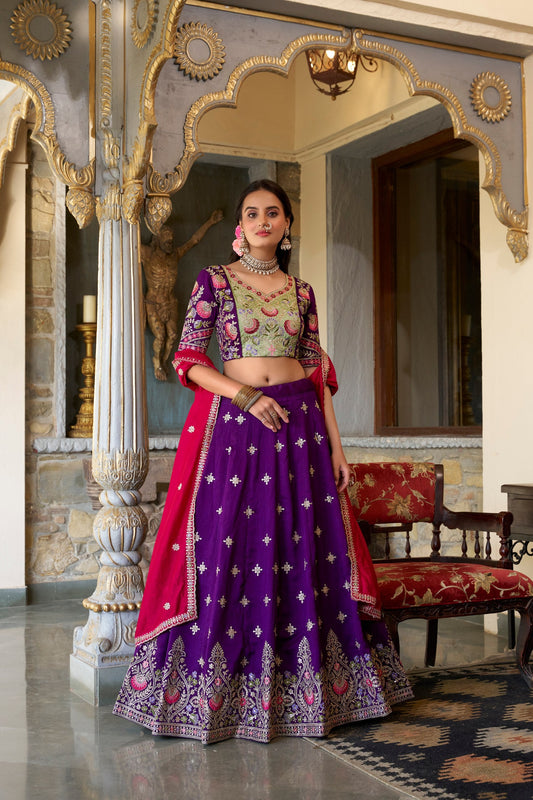 Purple Designer Wedding Wear Vichitra Silk Lehenga