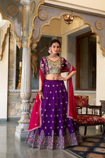 Purple Designer Wedding Wear Vichitra Silk Lehenga