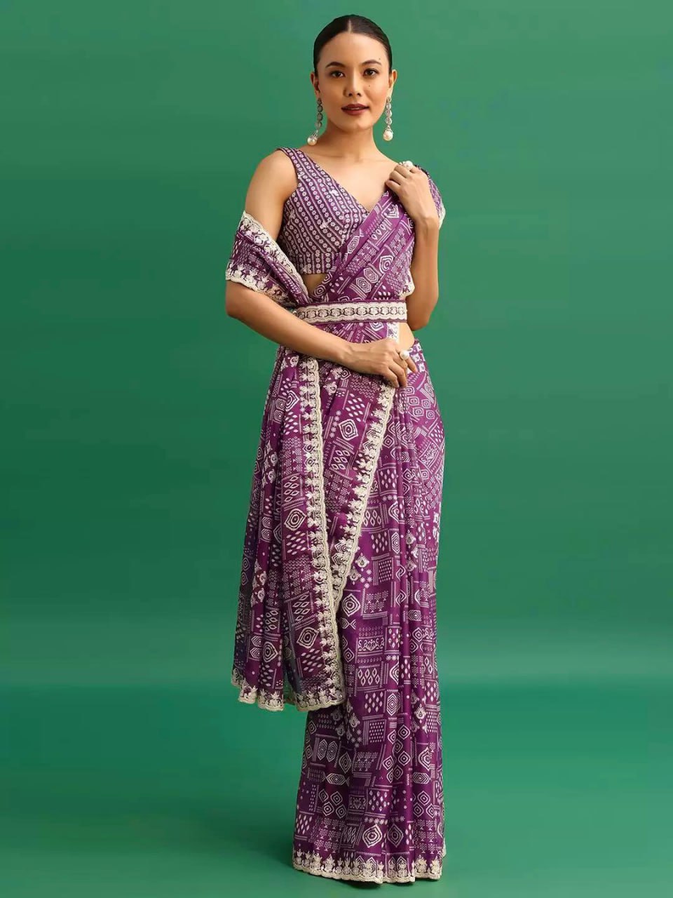 Purple Digital Printed Chinon Silk Saree