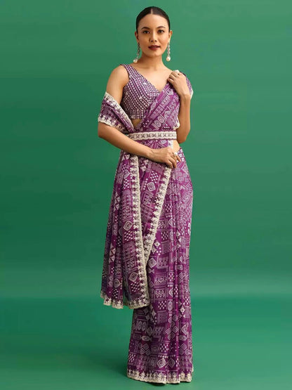 Purple Digital Printed Chinon Silk Saree