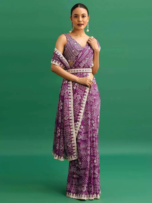Purple Digital Printed Chinon Silk Saree