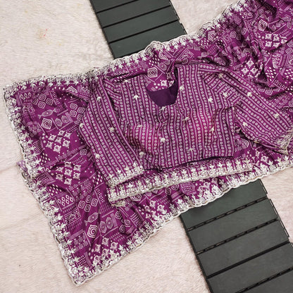 Purple Digital Printed Chinon Silk Saree