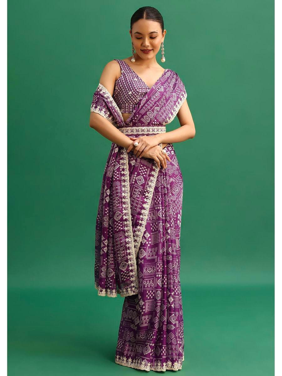 Purple Digital Printed Chinon Silk Saree